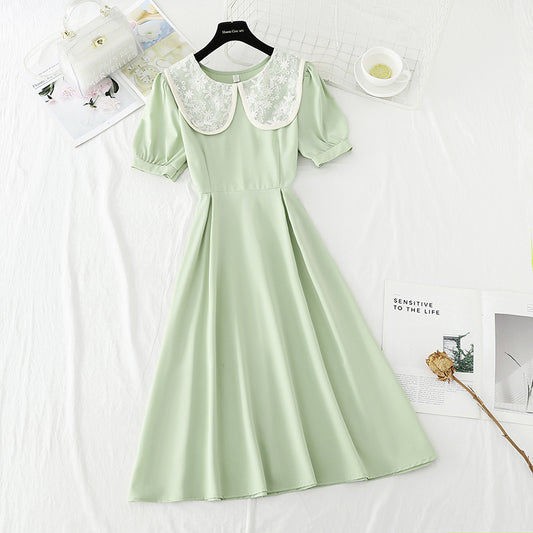 Lace doll Neck Chiffon Dress with slim waist  4855