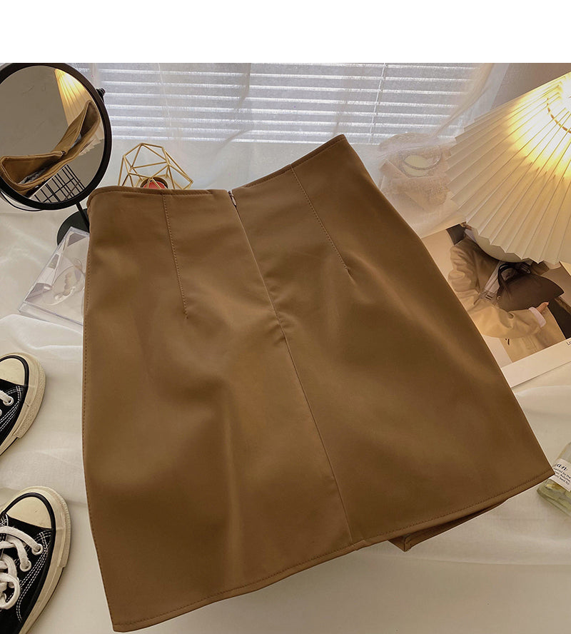 Irregular Hip Wrap thin high waist A-shaped small leather skirt  5541