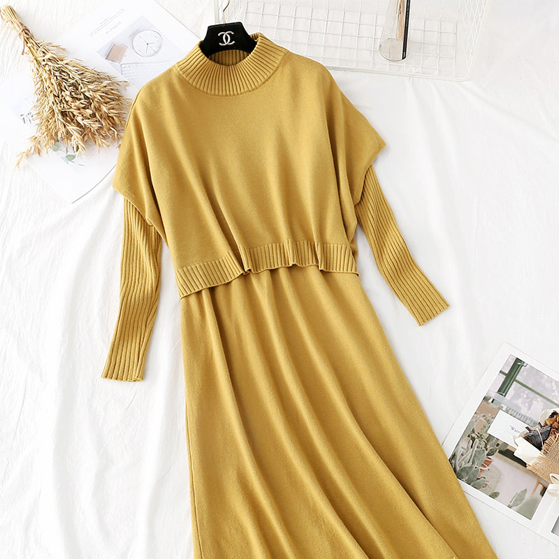 French retro waist closing thin temperament sweater long skirt suit  3943