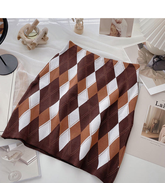 Retro lazy contrast color rhombic lattice Thin High Waist Hip Wrap Skirt  5369