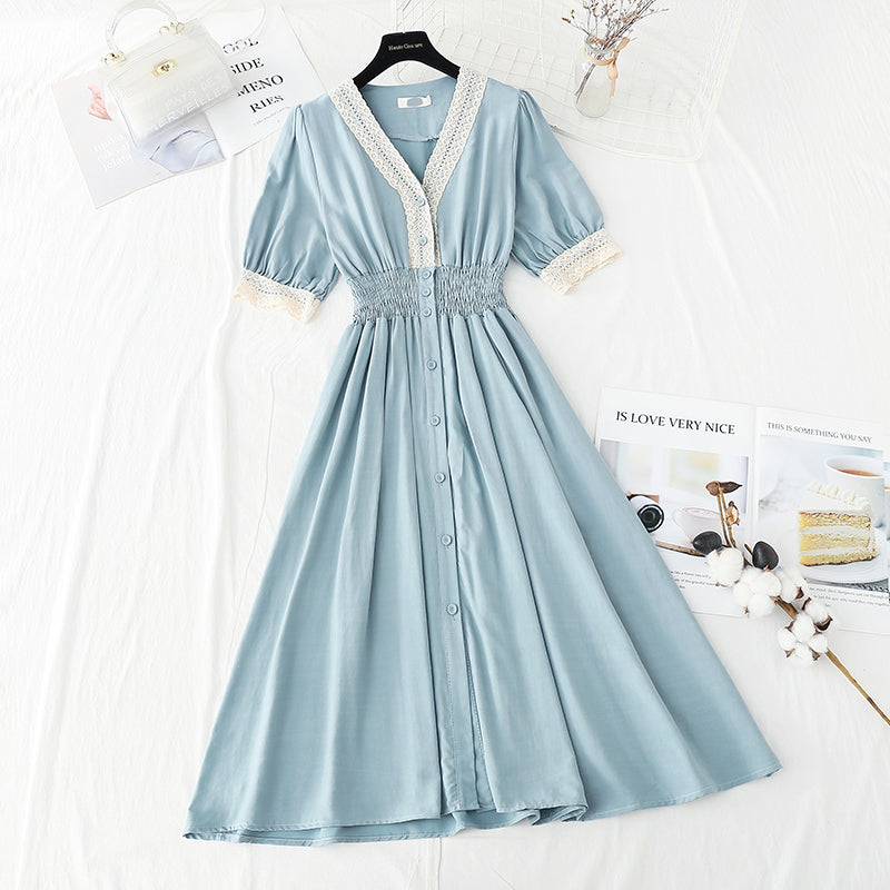 Lace edge French retro temperament, narrow waist and small black skirt  4905