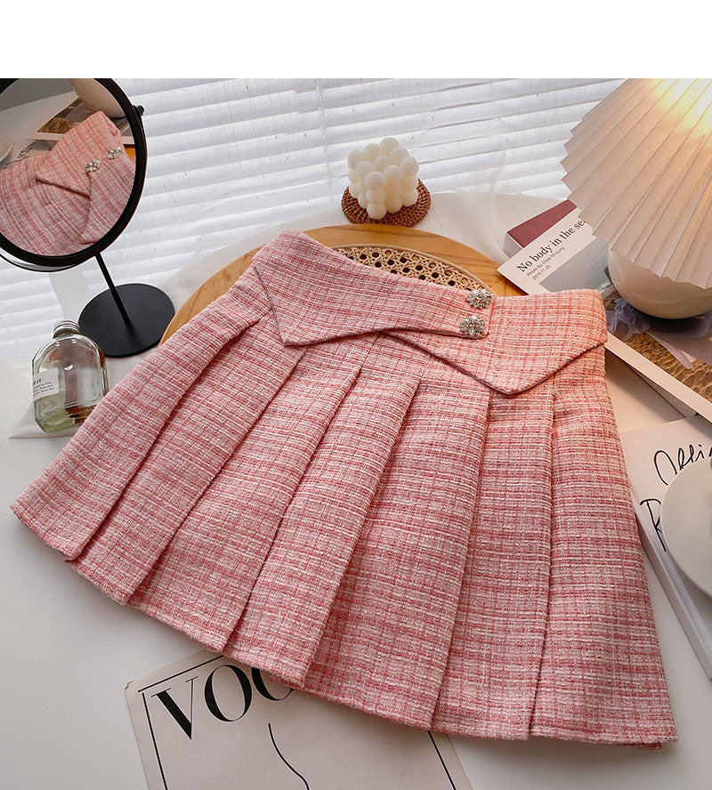 Small fragrance pleated skirt thin high waist tweed A-shaped plaid skirt  5291