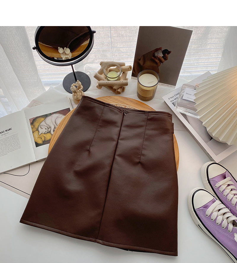 Korean solid color versatile fashion high waist PU leather bag hip skirt  5520