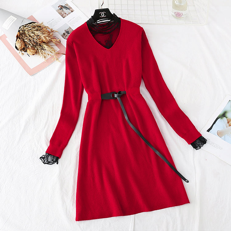 Sweater lace backing temperament fake two skirts  3796