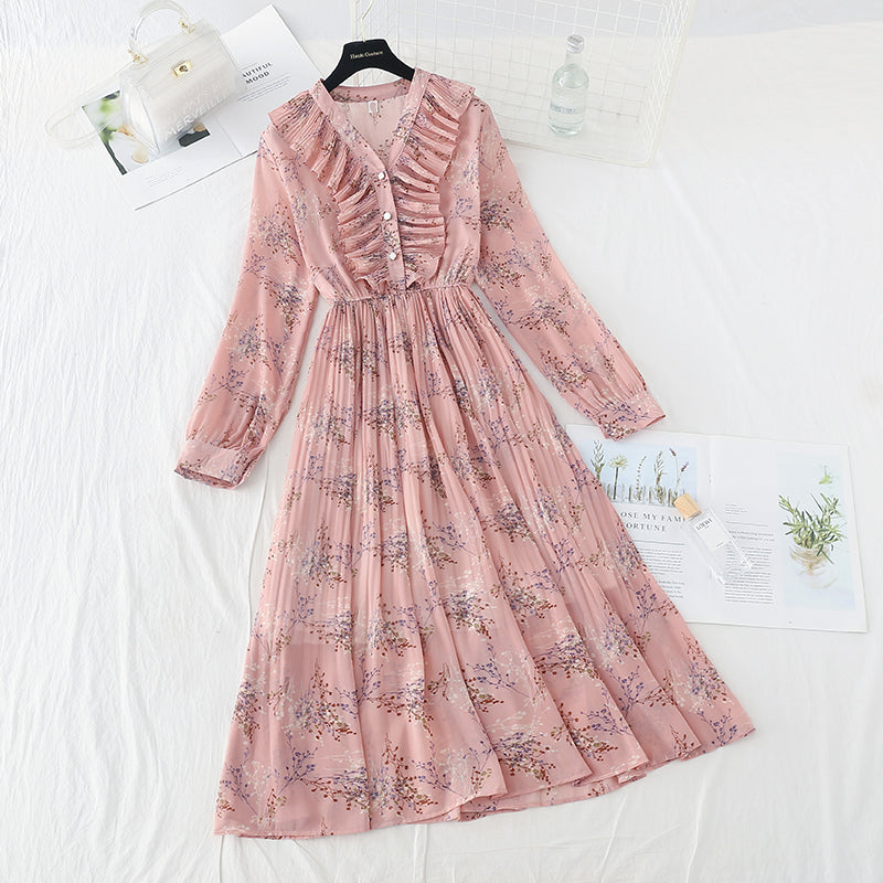 New Vintage high waist thin broken flower pleated fairy Chiffon Skirt  4540