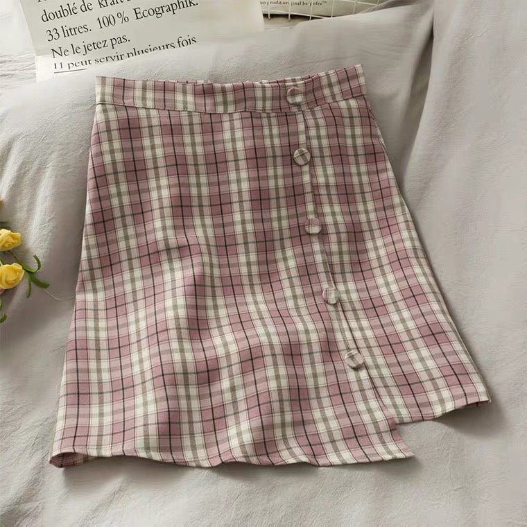 Jupe trapèze taille haute à poitrine irrégulière, littéraire, petite et fraîche, jupe à carreaux 3614