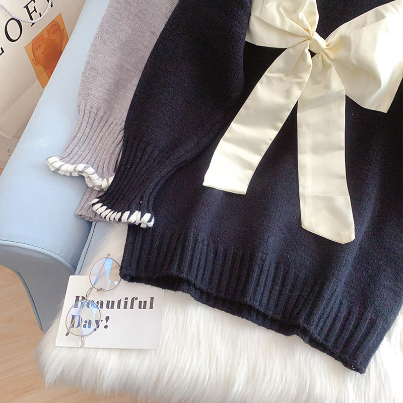 Bow sweater lazy knit bottomed shirt  5004