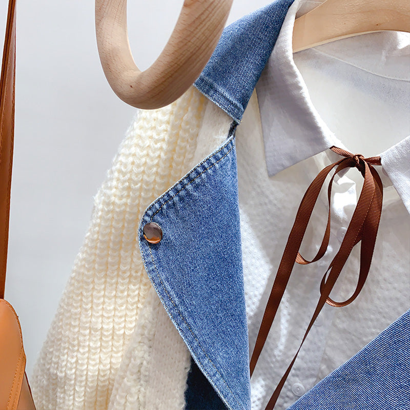 Denim stitched fake two sweater coat knitted cardigan  5038