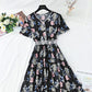 Cotton linen dress female V-neck floral dress waist  4245