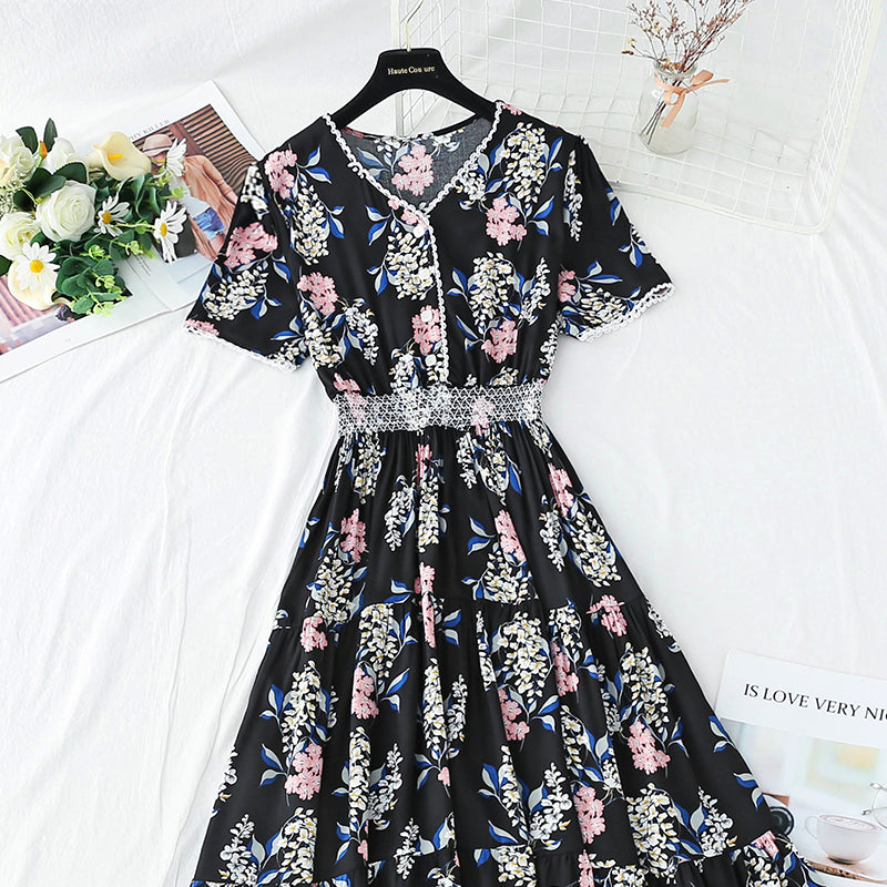 Cotton linen dress female V-neck floral dress waist  4245