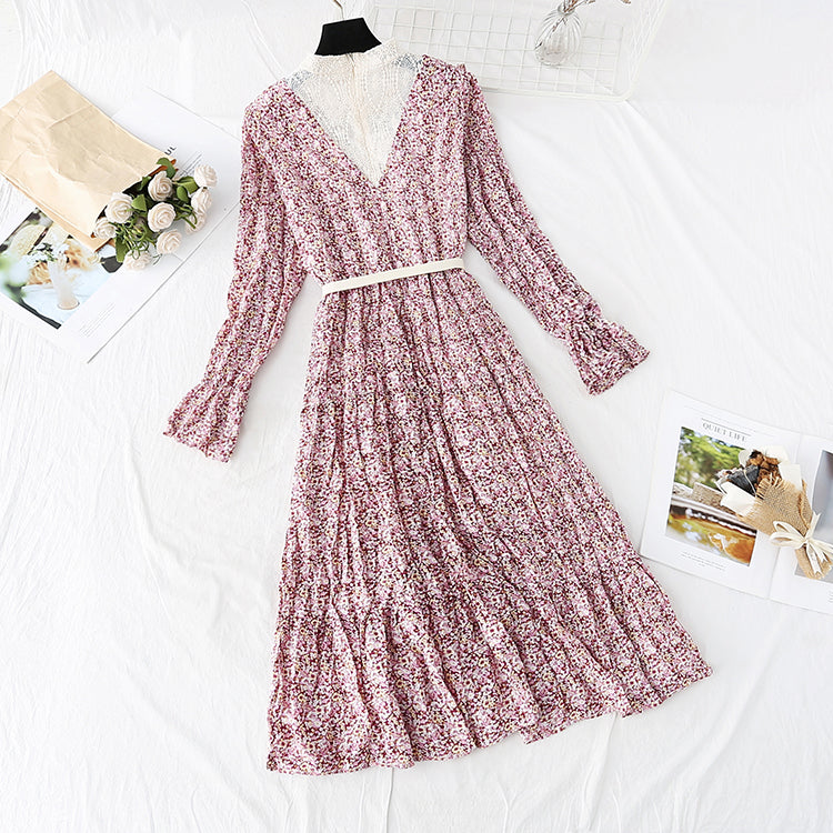 Floral Chiffon Dress Lace Collar fake two-piece bottom skirt  4006