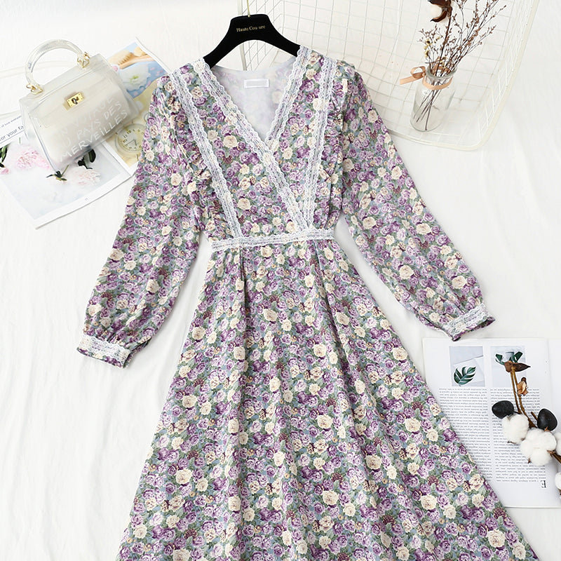 New Chiffon print lace stitching fairy temperament small skirt  4851