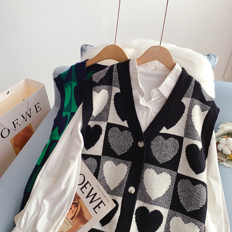 Vintage Plaid V-neck knitted vest vest vest vest jacket  5254