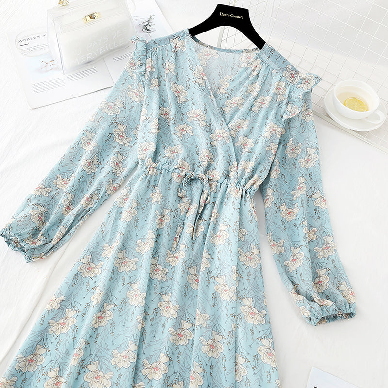 New French retro aging flying sleeve V-neck Chiffon Skirt  4702