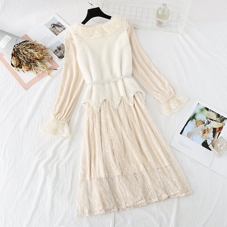 Mink sweater lace with bottomed skirt suit two-piece suit foreign style  4491