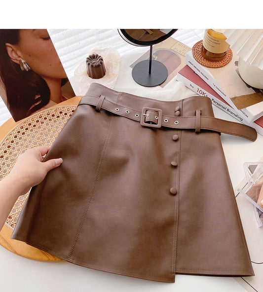 Fashion irregular button high waist thin wrap hip leather skirt  5509