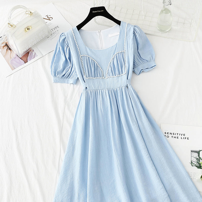 New French bubble sleeve small skirt square neck Fairy Dress  4867