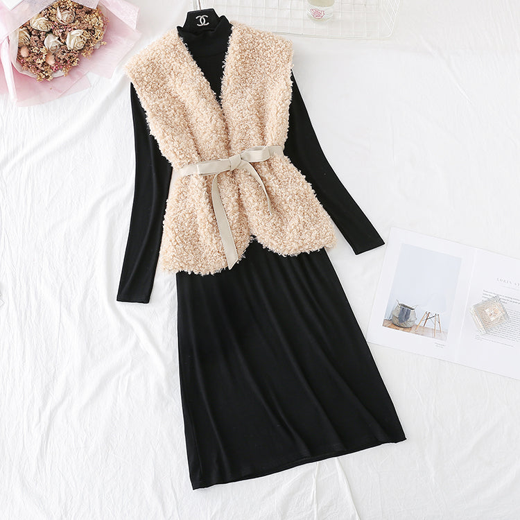 Black bottomed dress + Lamb Fur Vest long skirt  4456