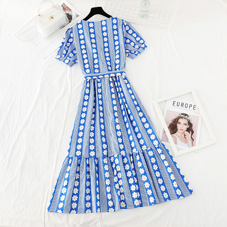 New dress Daisy stripe waist closing slim French minority dress  4645