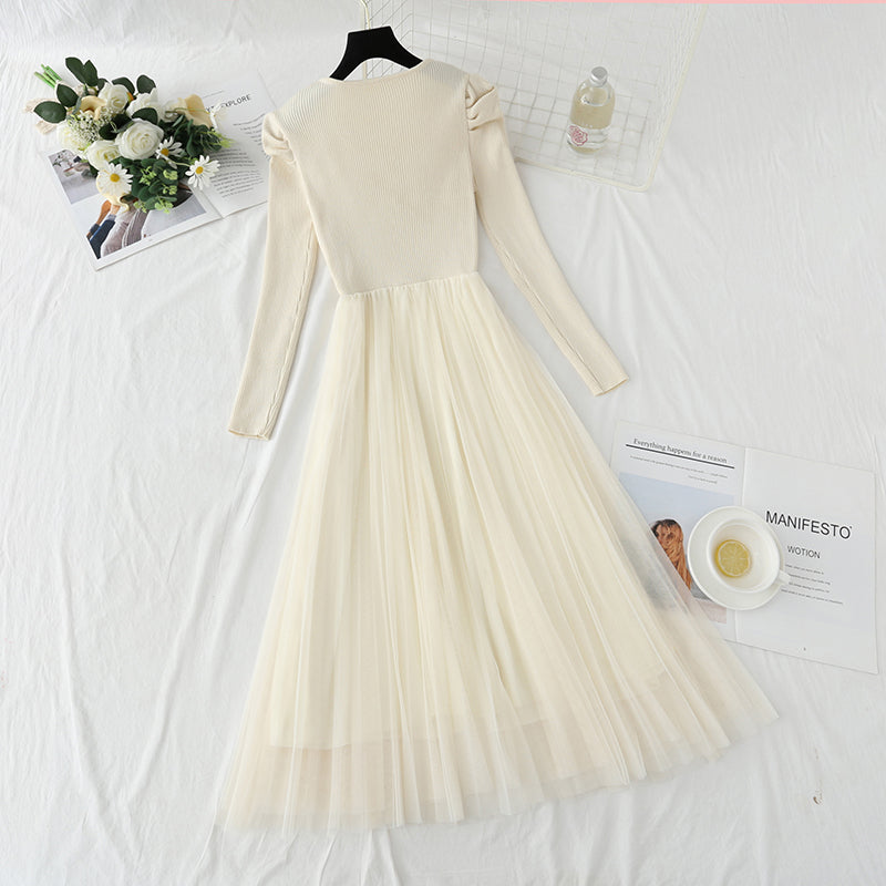 Mesh stitched knitted dress temperament long skirt  4416