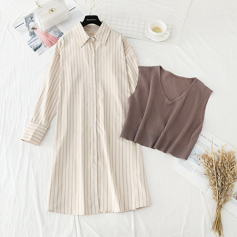 New skirt striped shirt + knitted vest set loose College English two piece set  4543
