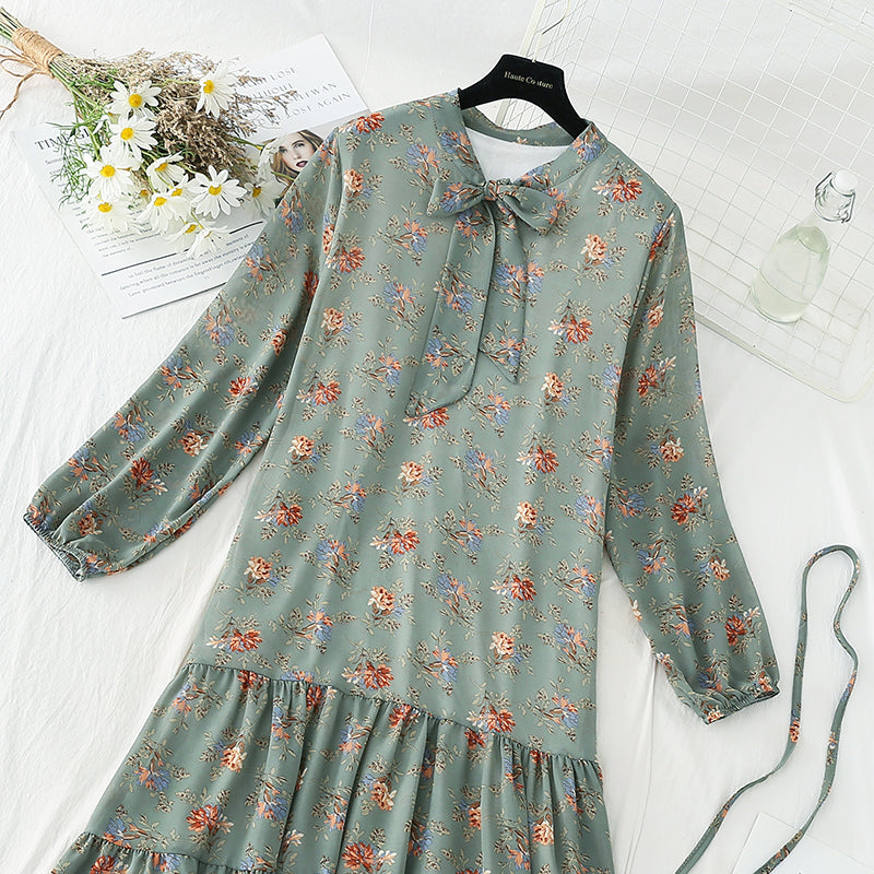 New women's lace up bow temperament retro floral skirt  4817