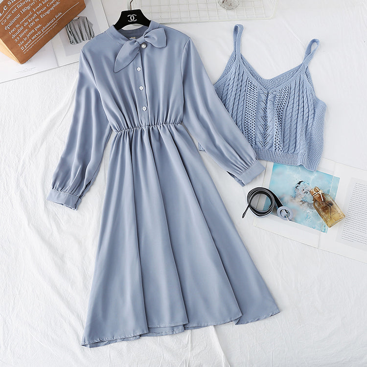 Foreign style college style long sleeve bottomed skirt + suspender vest  4449