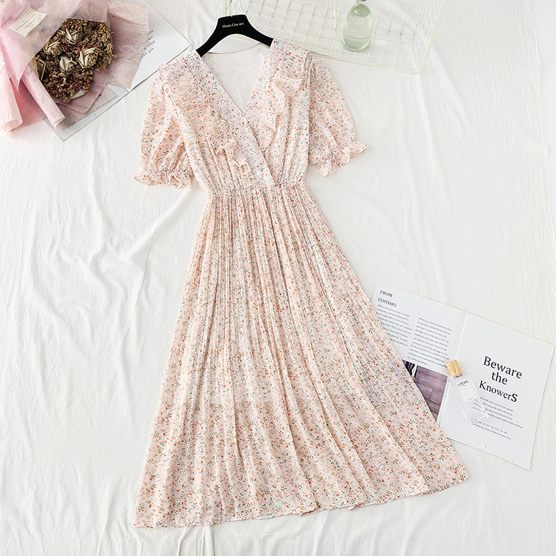 New French V-neck sweet Ruffle gentle snow spun dress  4852