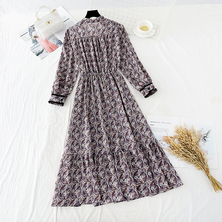 Narrow waist floral skirt children's French Long Sleeve Chiffon Dress  3902