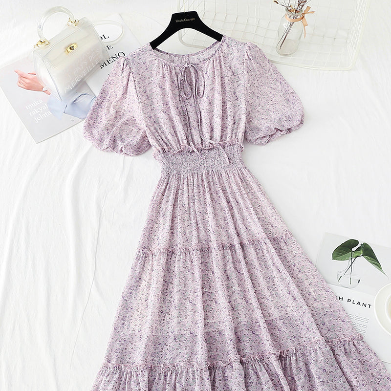 Gentle wind floral dress sweet fairy skirt bubble sleeve A-line skirt  4894