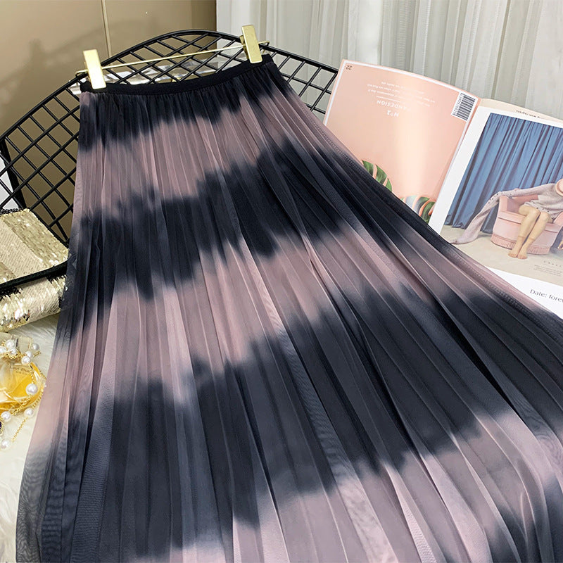 Nouvelle jupe en gaze, jupe plissée à rayures de couleurs contrastées, jupe midi verticale avec dégradé de couleurs 3677