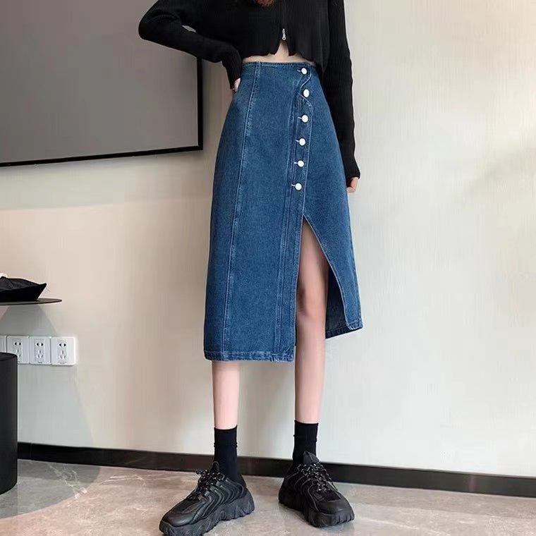 Split jean skirt, new high waist, irregular long skirt  3663
