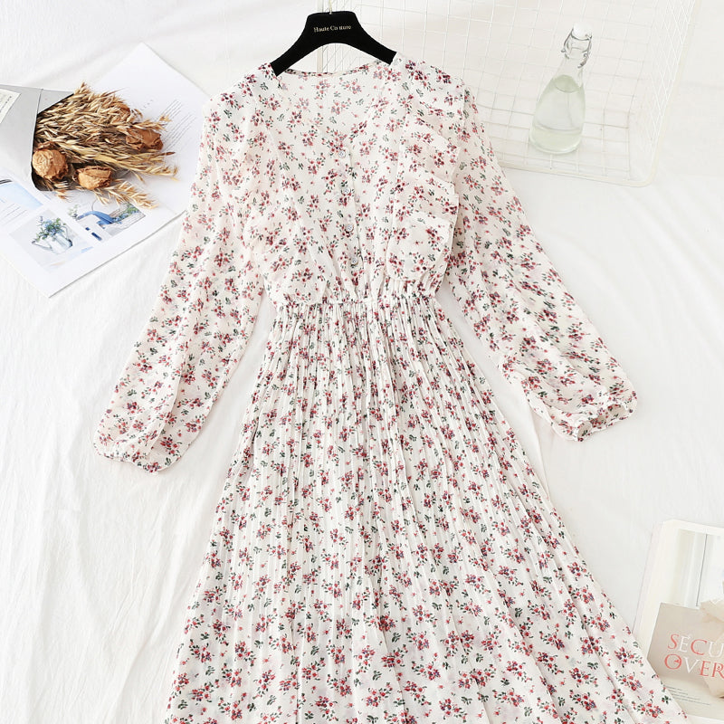 Ruffled floral dress shows thin skirt  4061