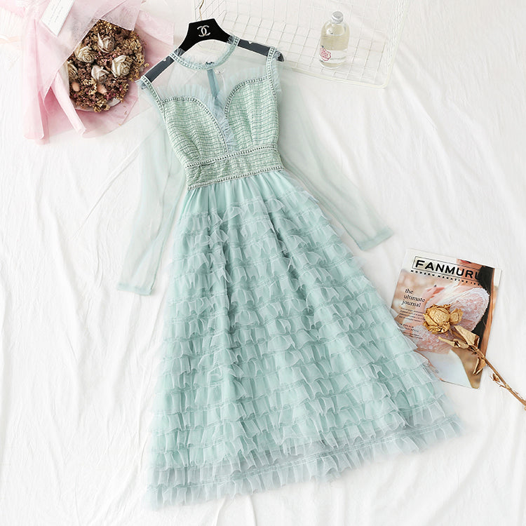 Mesh lace dress small fragrance layer upon layer cake long skirt  4294