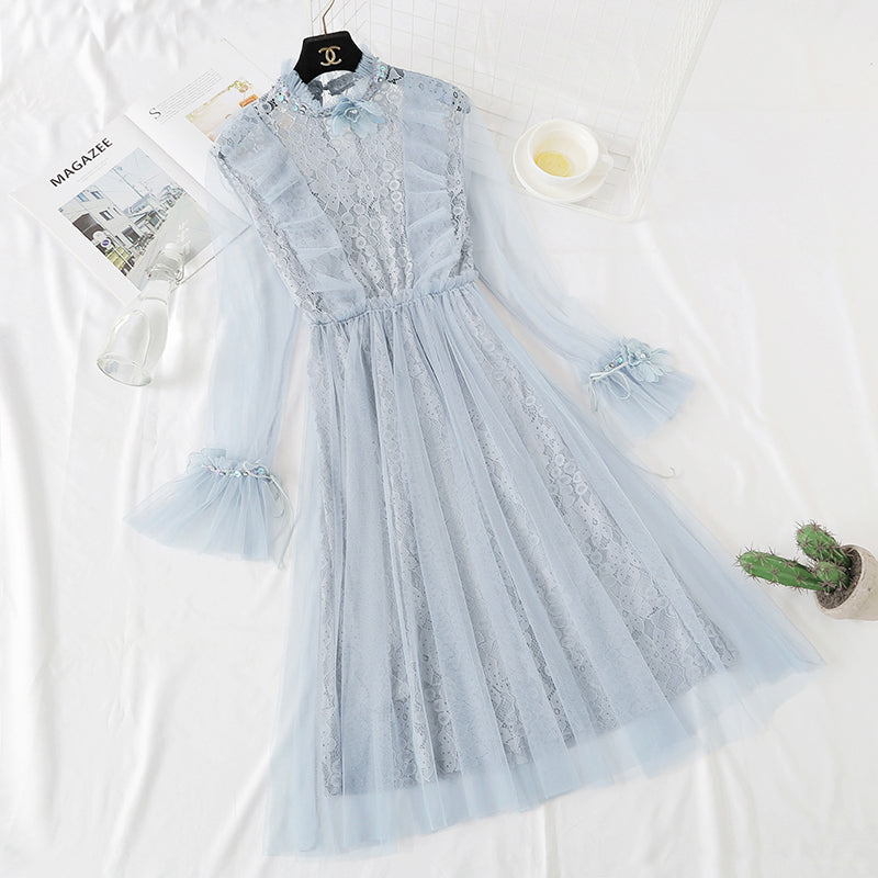 Dreidimensionales Blumenspitzenkleid aus schwerer Industrie im französischen Stil 4325