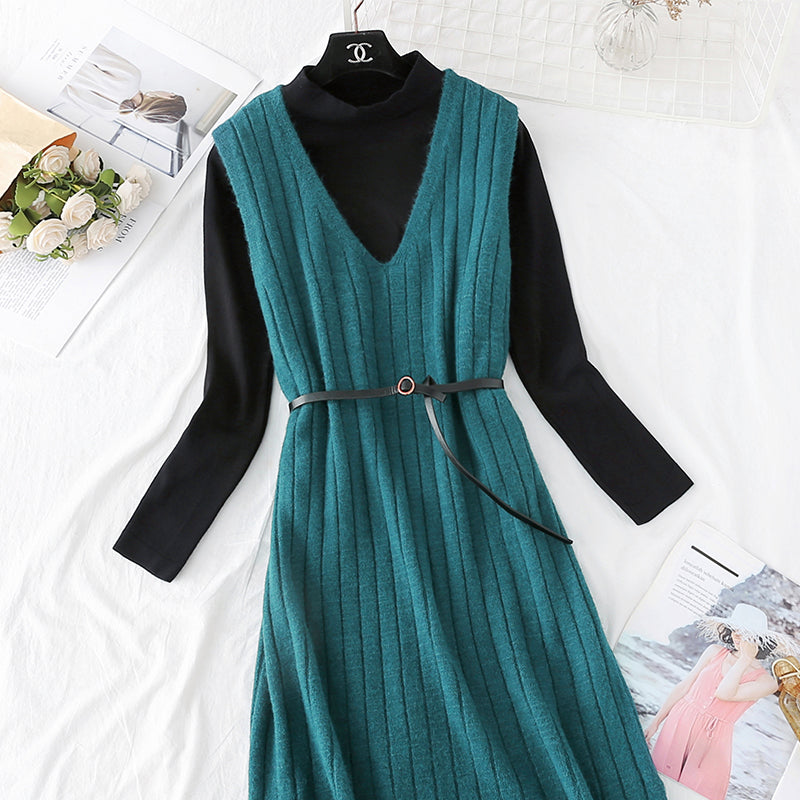 Bottomed shirt + knee length woolen dress set  4461