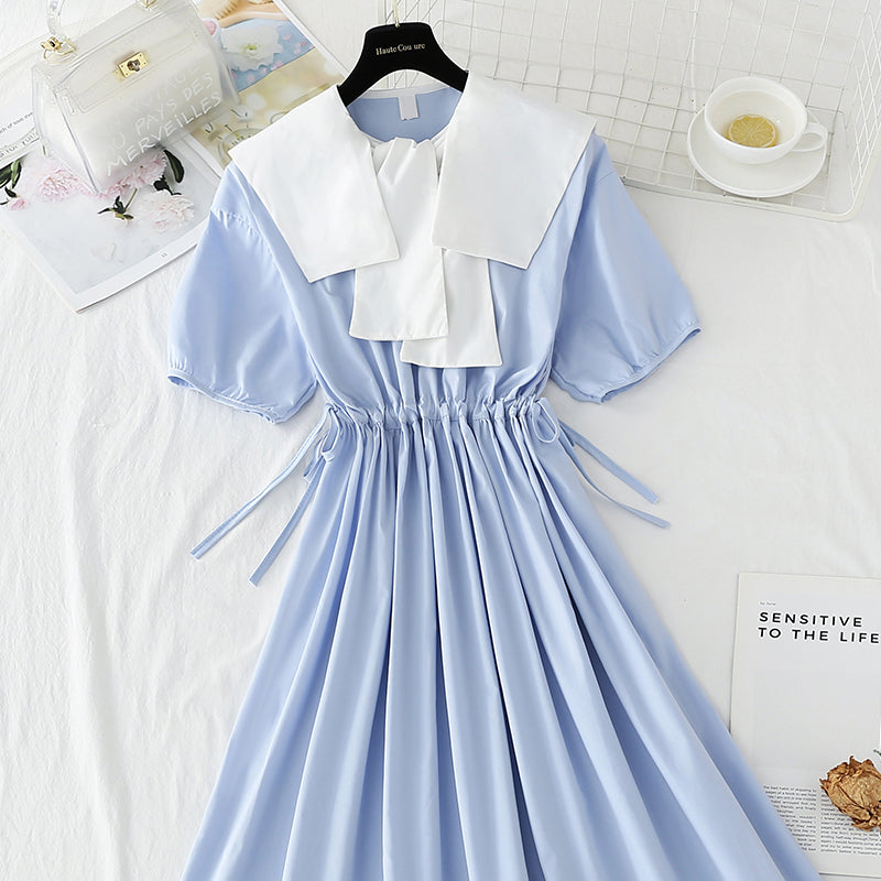 New sweet bubble sleeve shawl long skirt drawstring waist lace up skirt  4849