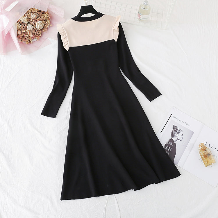 French retro long sleeve bottomed fungus edge knee length sweater skirt  3929