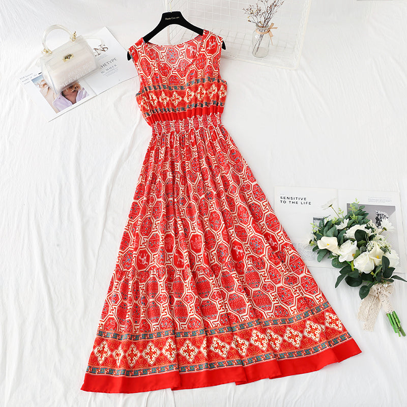 Long skirt with slim waist and French retro national style beach skirt  4231