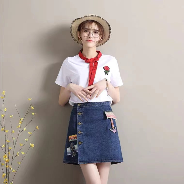 Jupe en jean Jupe trapèze, nouveau style, jupe taille haute, jupe brodée vintage 3607