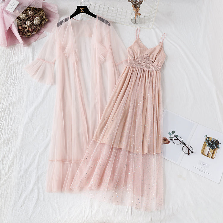 Sequin mesh dress suspender skirt two piece suit  4478