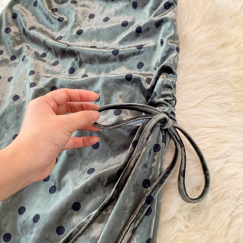 Velvet sexy swing neck long suspender drawstring split dress  3757