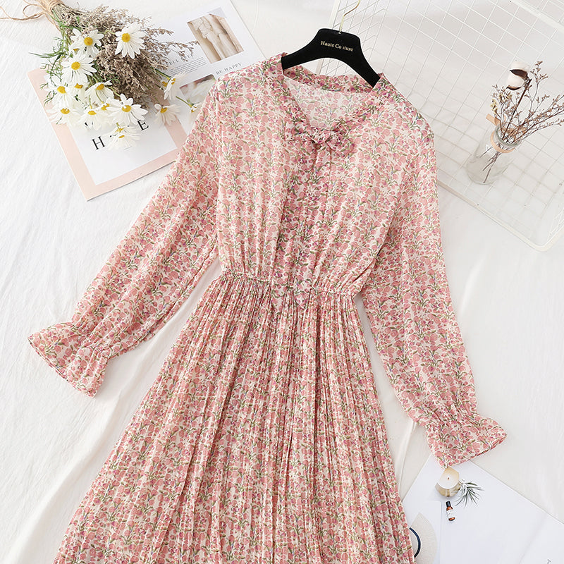Chiffon bow pleated skirt elastic waist temperament thin age reducing Floral Dress  4087