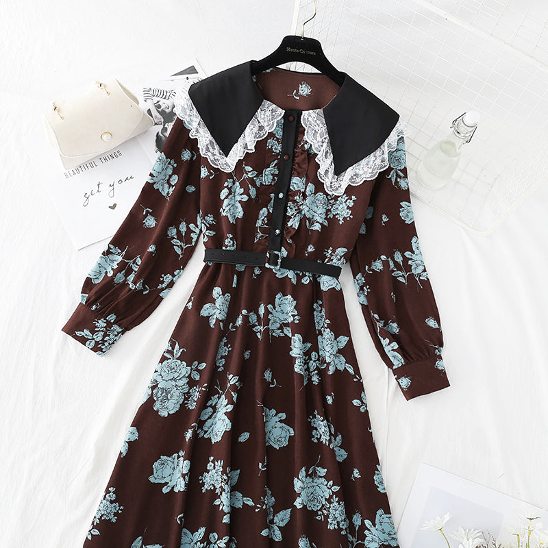 Slim temperament gentle wind retro Lapel lace stitched Chiffon Skirt  4809