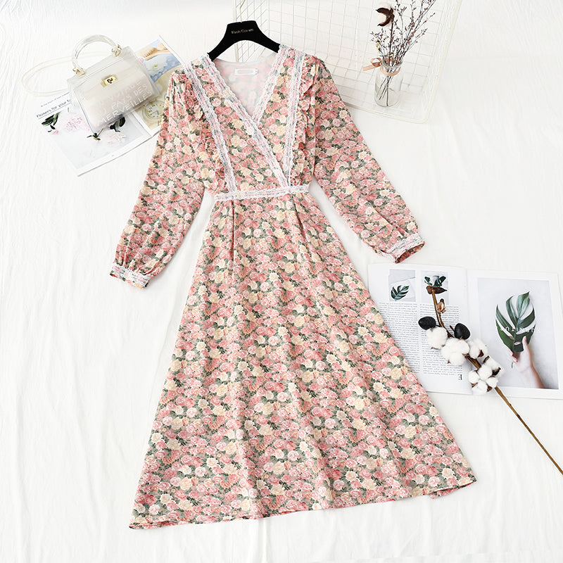 New Chiffon print lace stitching fairy temperament small skirt  4851