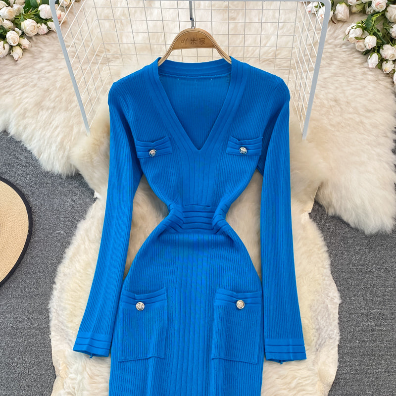 Gold button elastic tight medium length split bottomed buttock knit dress  3751