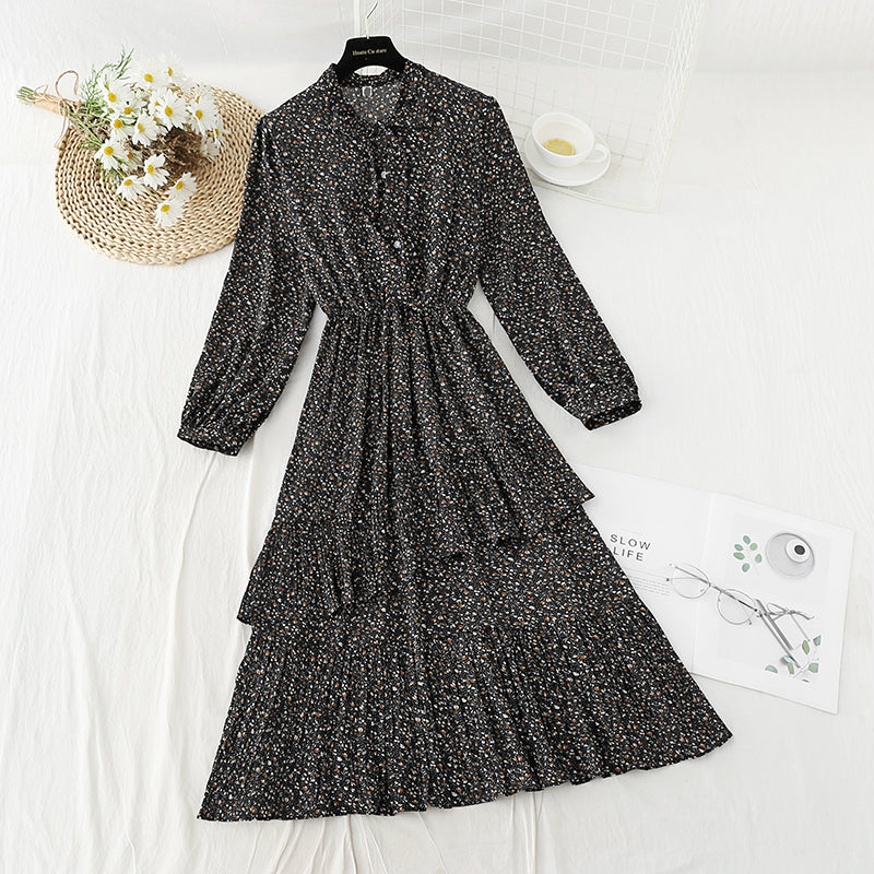 New irregular pleated Ruffle French Vintage chiffon long skirt  4823