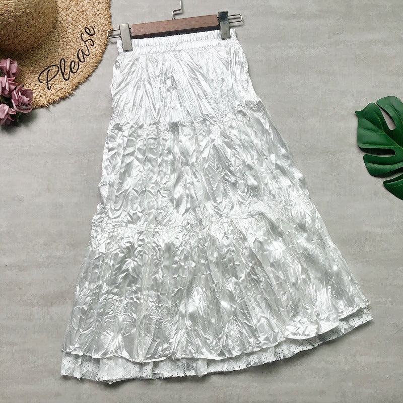 Two-sided to wear, lace patchwork ruffled A-line skirt, high waist puffy pleated skirt  3679