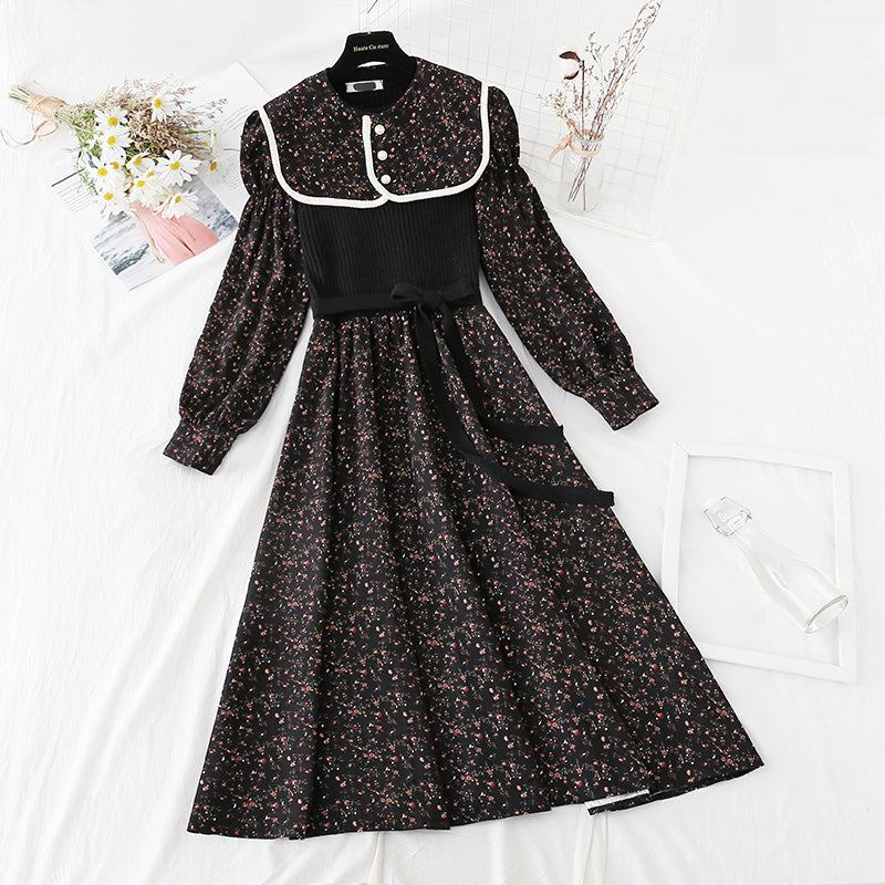 Lapel patchwork floral dress versatile aging skirt  4070