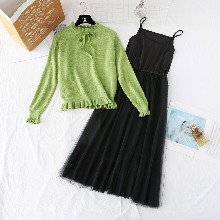 Flounced suspender mesh knitted dress  3946